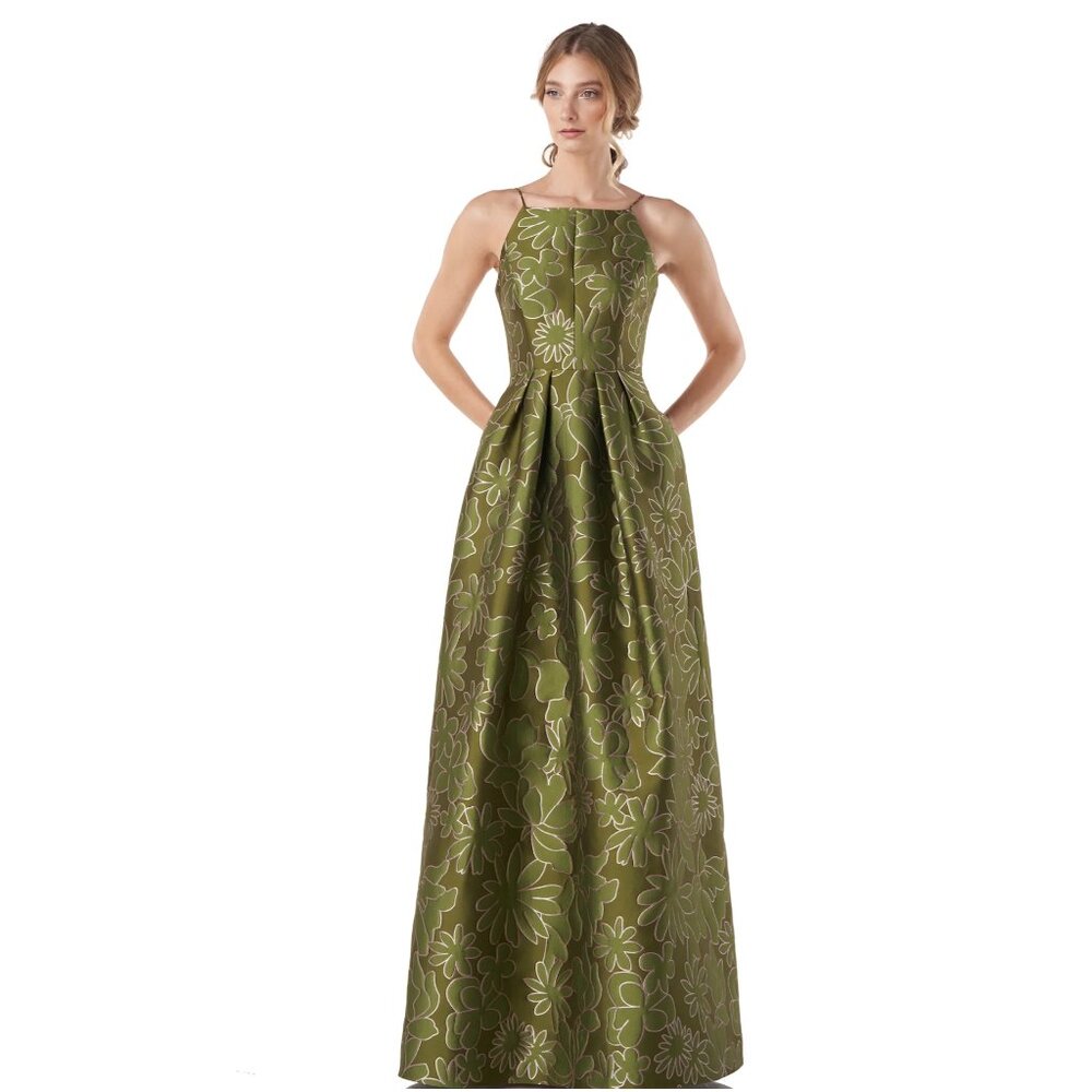 Kay Unger Jada Jacquard Halter Neck Gown Dress Green w/ Pink Embroidery Size  8